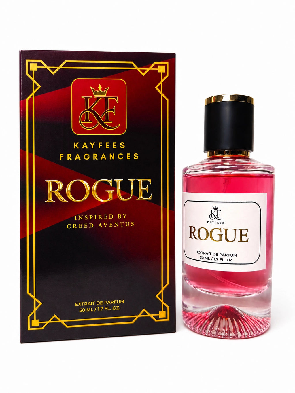 Kayfees Rogue 50ml Extrait de Parfum bottle and luxury perfume box impression of Creed Aventus
