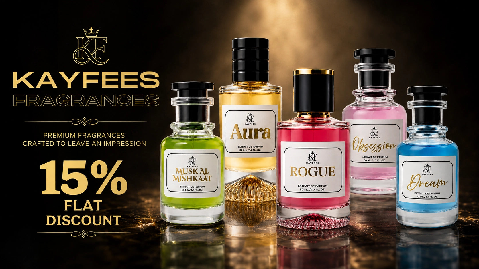 Kayfees Fragrances 50ml extrait de parfum EDP luxury perfume collection  Musk Al Mishkaat impression of gucci flora, Aura impression of dior sauvage, Rogue impression of creed aventus, Obsession impression of bombshell and Dream impression of imagination fragrance impressions