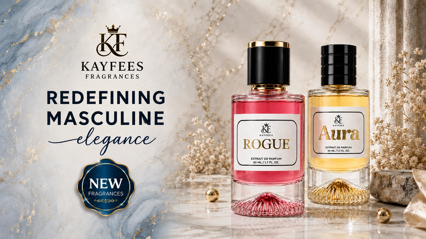 Kayfees Rogue and Aura 50ml perfumes, impression of Creed Aventus and Dior Sauvage, in extrait de parfum edp concentration