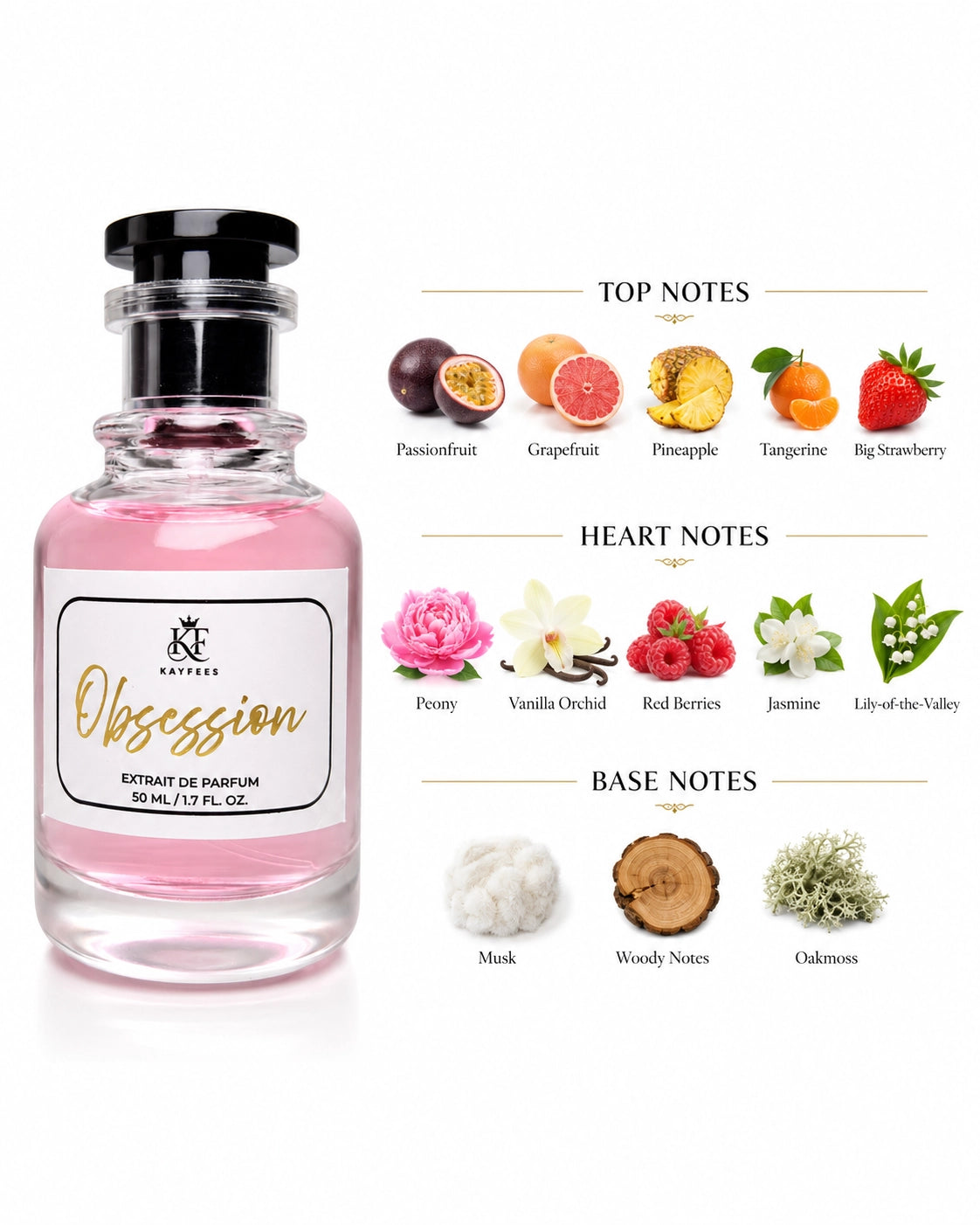 Premium Kayfees Obsession fragrance bottle with elegant feminine design inspired by Bombshell